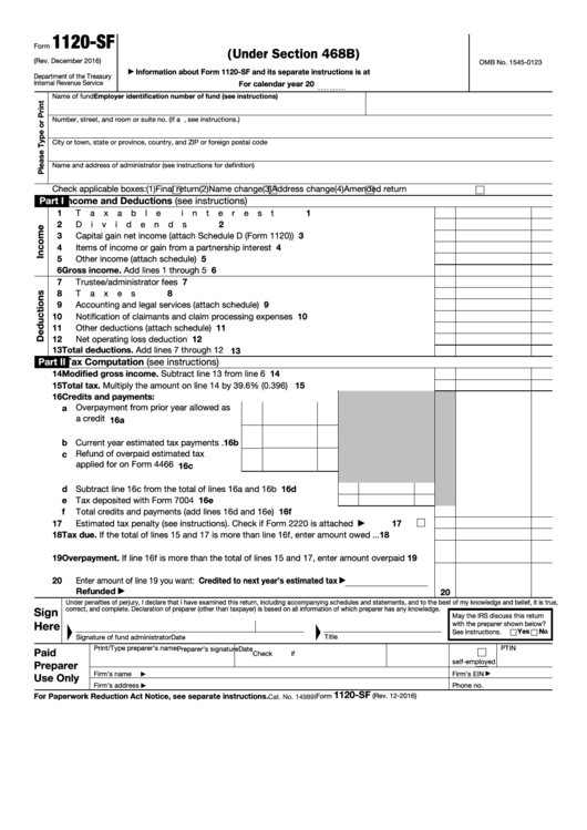 Fillable Form 1120-Sf - U.s. Income Tax Return For Settlement Funds (Under Section 468b) Printable pdf