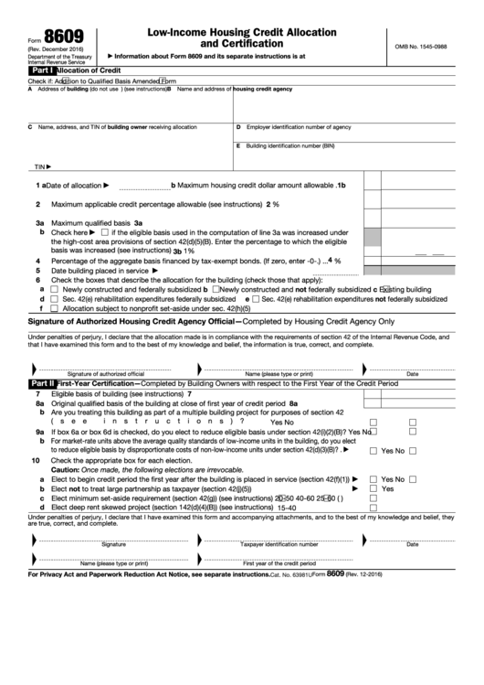 Fillable Form 8609 - Low-Income Housing Credit Allocation And Certification Printable pdf