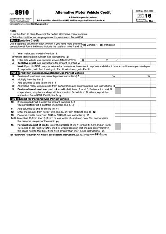 Fillable Form 8910 - Alternative Motor Vehicle Credit - 2016 Printable pdf