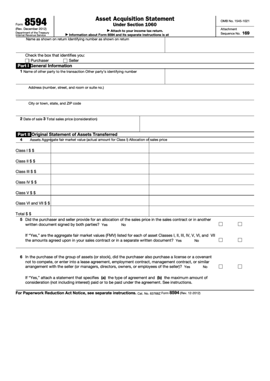 Fillable Form 8594 - Asset Acquisition Statement Under Section 1060 Printable pdf