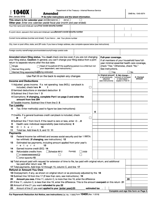 Fillable Form 1040-X - Amended U.s. Individual Income Tax Return Printable pdf