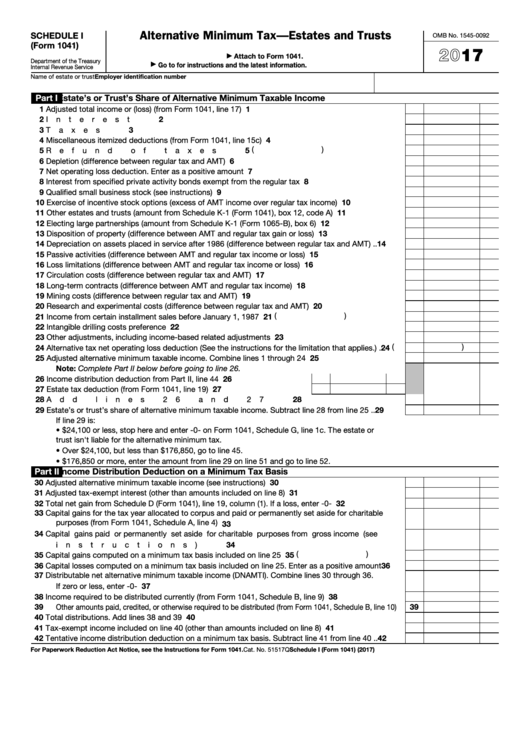 Fillable Schedule I (Form 1041) - Alternative Minimum Tax - Estates And Trusts - 2016 Printable pdf