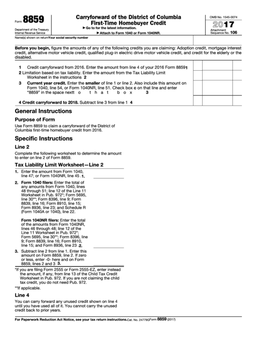 Fillable Form 8859 - Carryforward Of The District Of Columbia First-Time Homebuyer Credit - 2016 Printable pdf