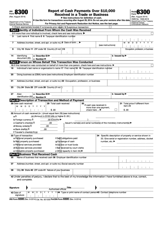 Fillable Form 8300 - Report Of Cash Payments Over 10,000 Dollars Received In A Trade Or Business Printable pdf