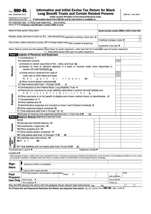 Fillable Form 990-Bl - Information And Initial Excise Tax Return For Black Lung Benefit Trusts And Certain Related Persons Printable pdf