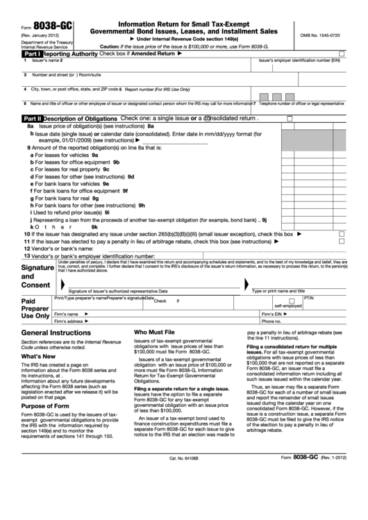 Fillable Form 8038-Gc - Information Return For Small Tax-Exempt Governmental Bond Issues, Leases, And Installment Sales Printable pdf