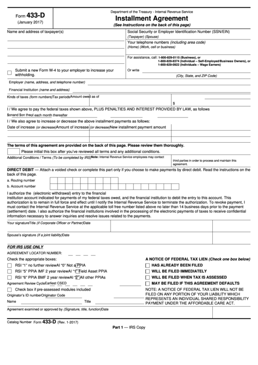 Fillable Form 433 D Installment Agreement Printable Pdf Download
