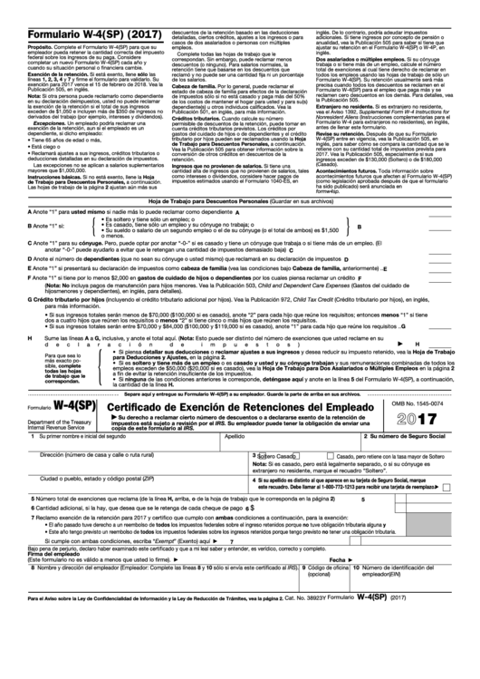 Fillable Formulario W-4(Sp) - Certificado De Exencion De Retenciones Del Empleado (Spanish Version) - 2017 Printable pdf