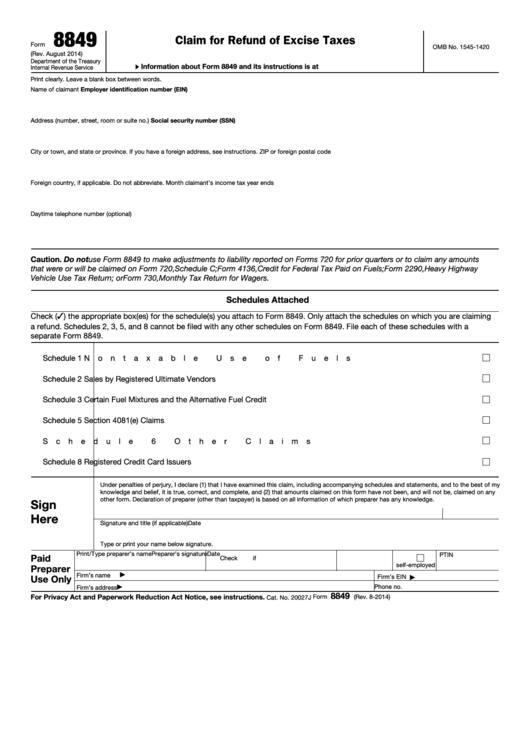 Fillable Form 8849 - Claim For Refund Of Excise Taxes Printable pdf