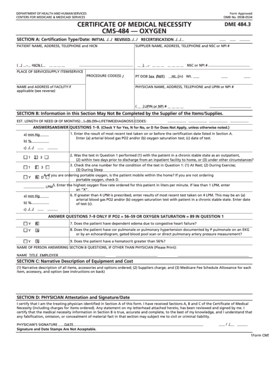 Fillable Form Cms-484 - Certificate Of Medical Necessity - Oxygen Printable pdf