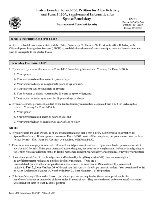 Instructions For Form I-130, Petition For Alien Relative, And Form I-130a, Supplemental Information For Spouse Beneficiary Printable pdf