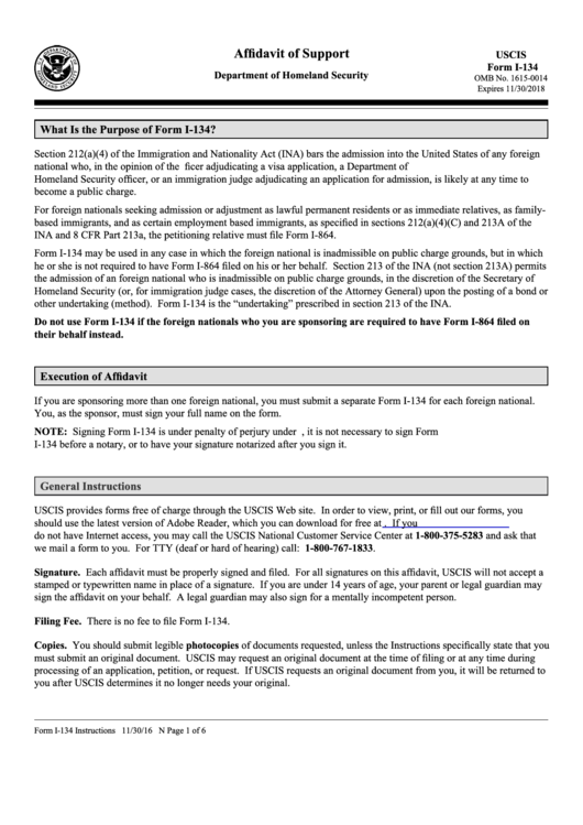Instructions For Form I-134 - Affidavit Of Support Printable pdf