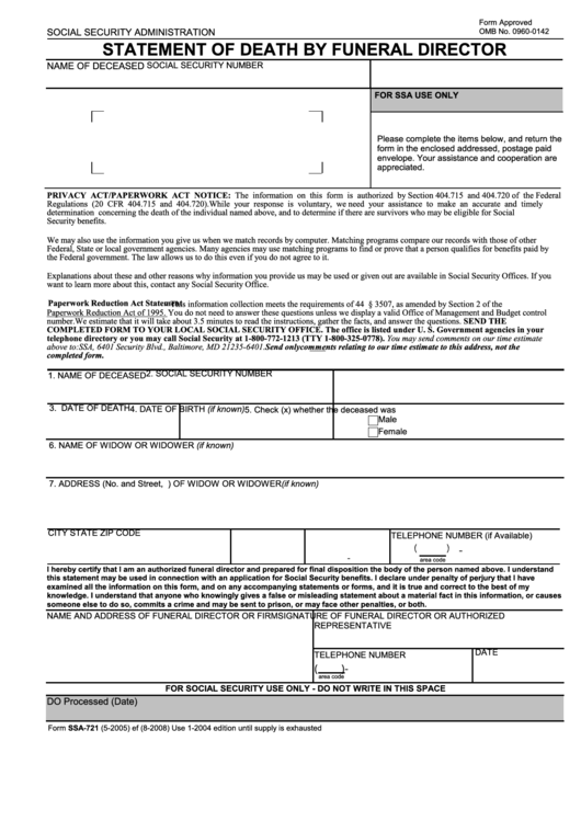 Fillable Form Ssa-721 - Statement Of Death By Funeral Director Printable pdf