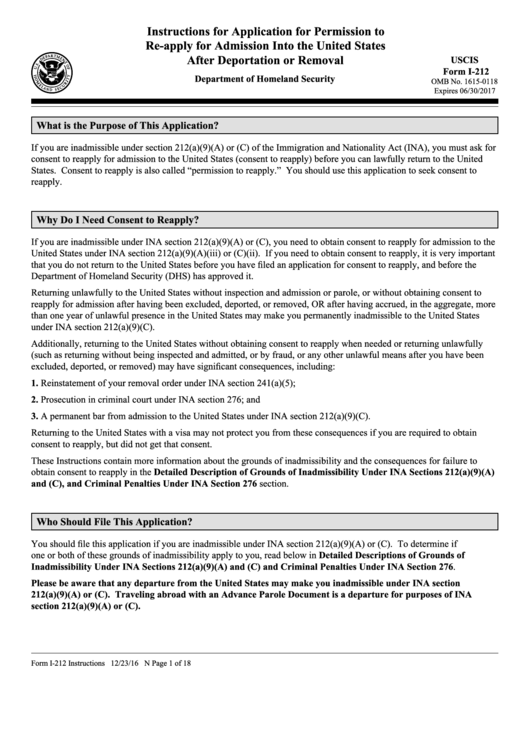 Instructions For Form I-212 - Application For Permission To Reapply For Admission Into The United States After Deportation Or Removal Printable pdf
