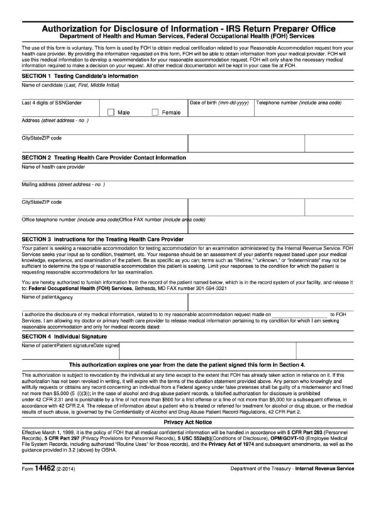 Fillable Form 14462 - Authorization For Disclosure Of Information - Irs Return Preparer Office Printable pdf