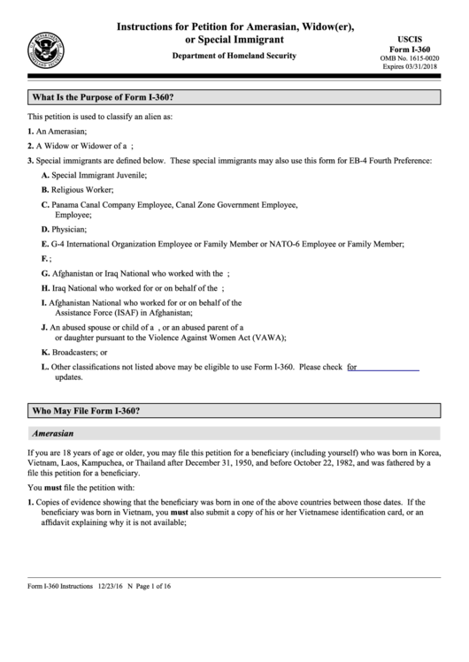 Instructions For Form I-360 - Petition For Amerasian, Widow(Er), Or Special Immigrant Printable pdf