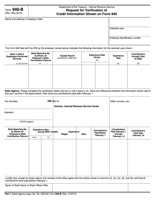 Fillable Form 940-B - Request For Verification Of Credit Information Shown On Form 940 Printable pdf