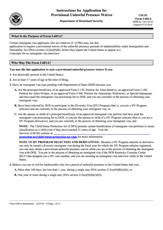 Instructions For Form I-601a - Application For Provisional Unlawful Presence Waiver Printable pdf