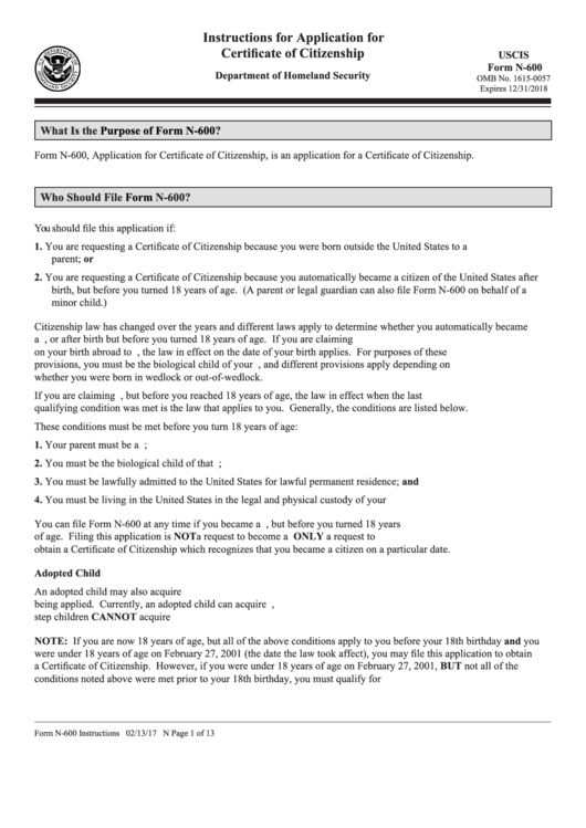 Instructions For Form N-600 - Application For Certificate Of Citizenship Printable pdf