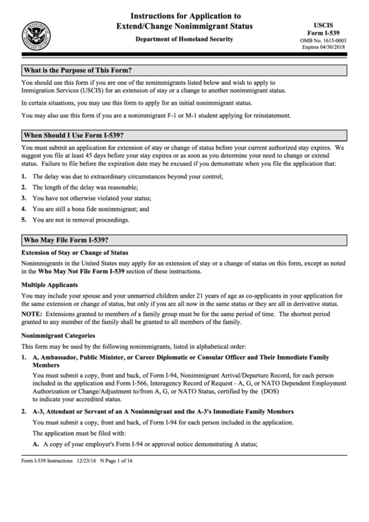 Instructions For Form I-539 - Application To Extend/change Nonimmigrant Status Printable pdf