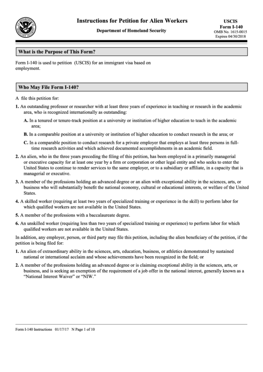 Instructions For Form I-140 - Immigrant Petition For Alien Worker Printable pdf