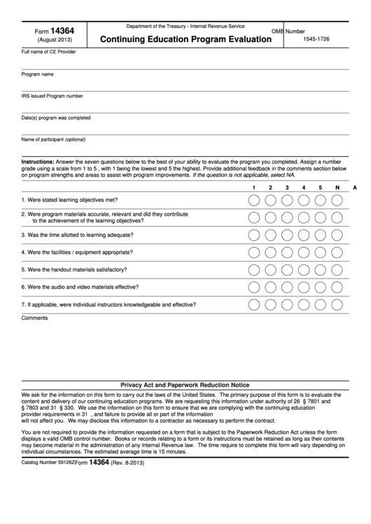 Fillable Form 14364 - Continuing Education Evaluation Printable pdf