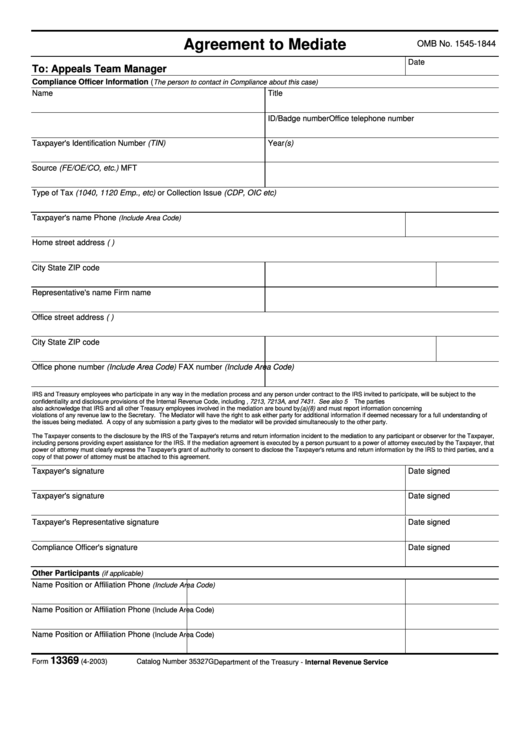 Fillable Form 13369 - Agreement To Mediate Printable pdf