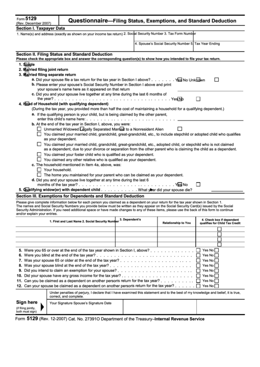 Fillable Form 5129 - Questionnaire-Filing Status, Exemptions, And Standard Deduction Printable pdf