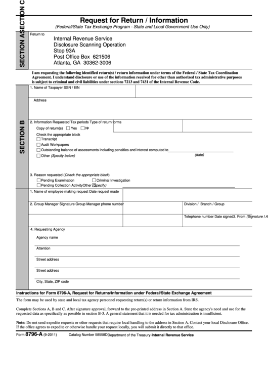 Request For Return/information (Federal/state Tax Exchange Program - State And Local Government Use Only) Printable pdf