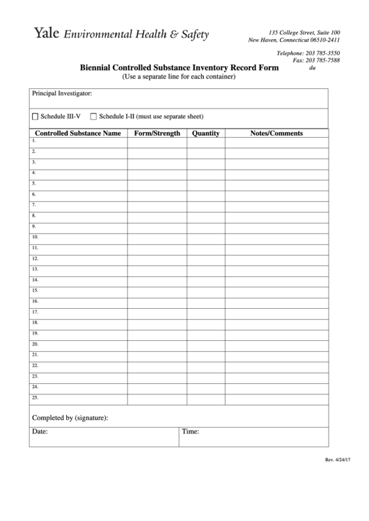 Fillable Biennial Controlled Substance Inventory Record Form Printable pdf