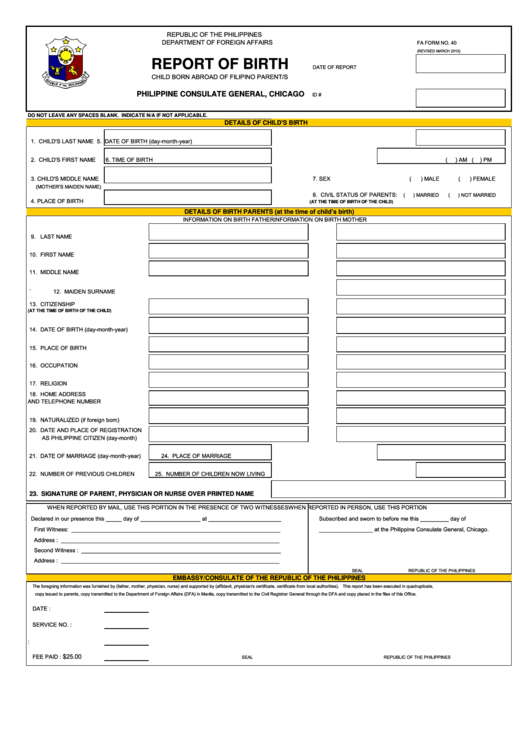 Fa Form N 40 - Report Of Birth - Child Born Abroad Of Filipino Parent/s - Republic Of The Philippines Department Of Foreign Affairs Printable pdf