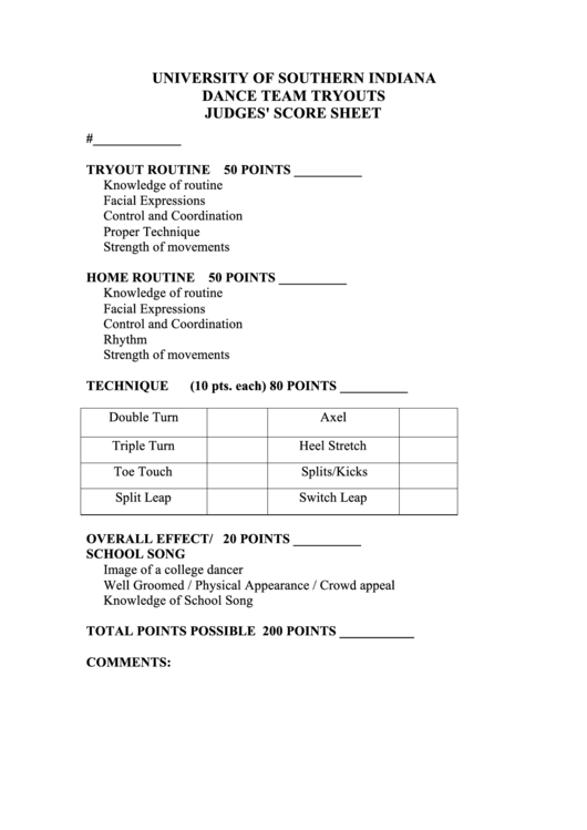 Dance Team Tryout Score Sheet Printable Pdf Download