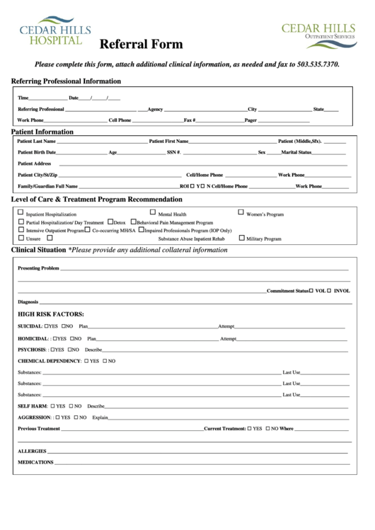 Fillable Referral Form - Cedar Hills Printable pdf