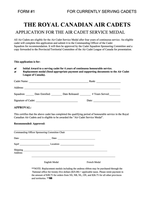 Form 1 - Application For The Air Cadet Service Medal Printable pdf