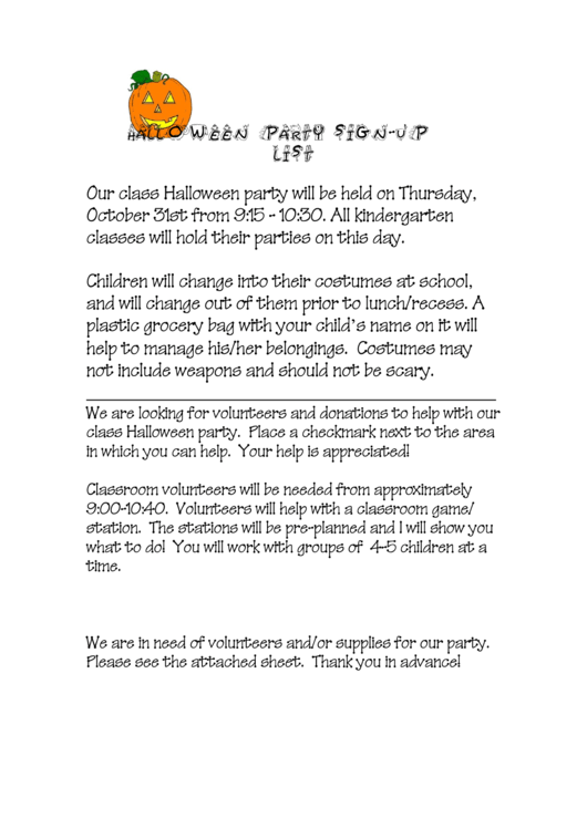 Halloween Party Sign-Up List - Kindergarten Printable pdf