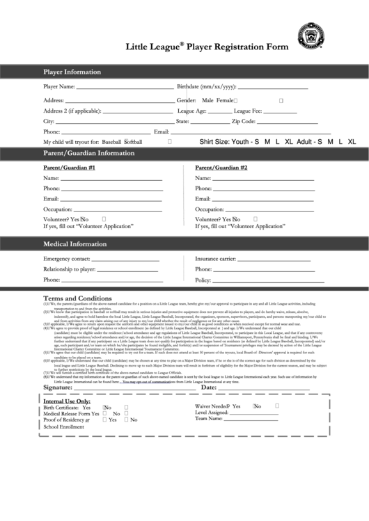 Fillable Little League Player Registration Form Printable pdf