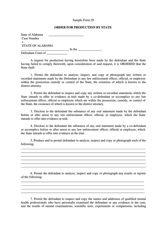 Sample Form 29 - Order For Production By State - State Of Alabama Printable pdf