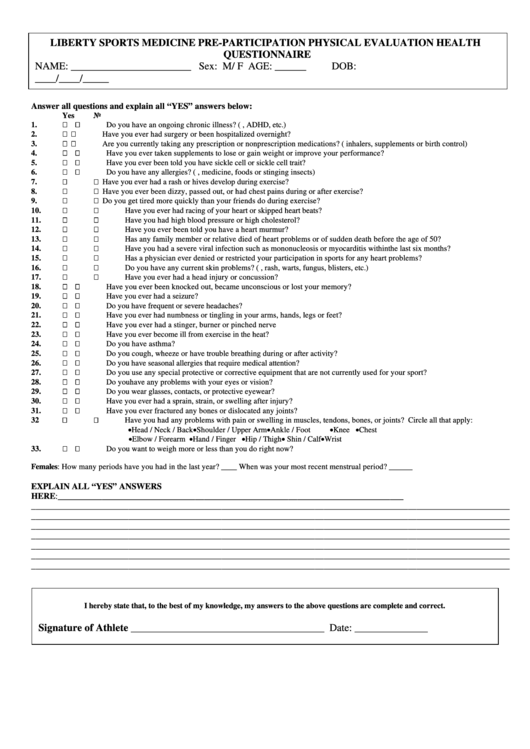 Liberty Sports Medicine Pre-Participation Physical Evaluation Health Questionnaire Printable pdf