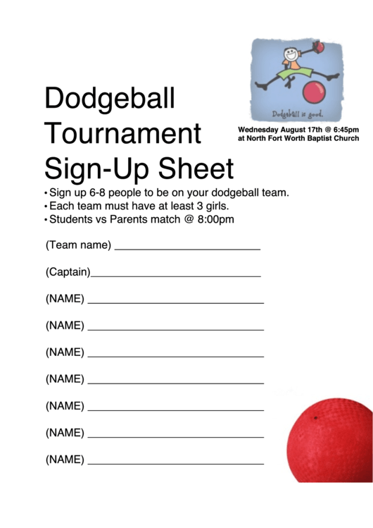 Dodgeball Tournament Sign-Up Sheet Printable pdf