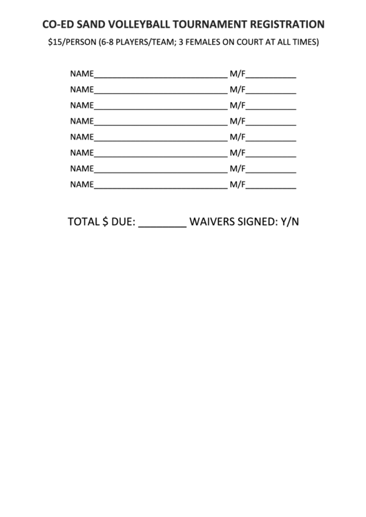 Volleyball Tournament Registration Printable pdf