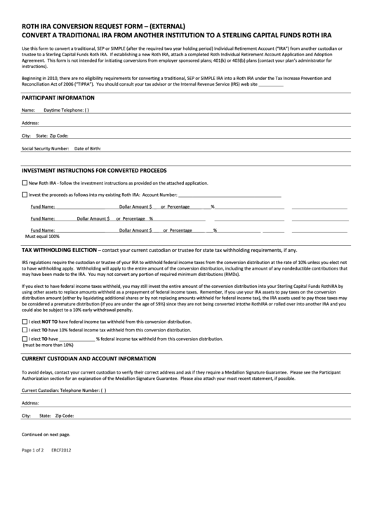 Roth Ira Conversion Request Form - (External) Convert A Traditional Ira From Another Institution To A Sterling Capital Funds Roth Ira Printable pdf