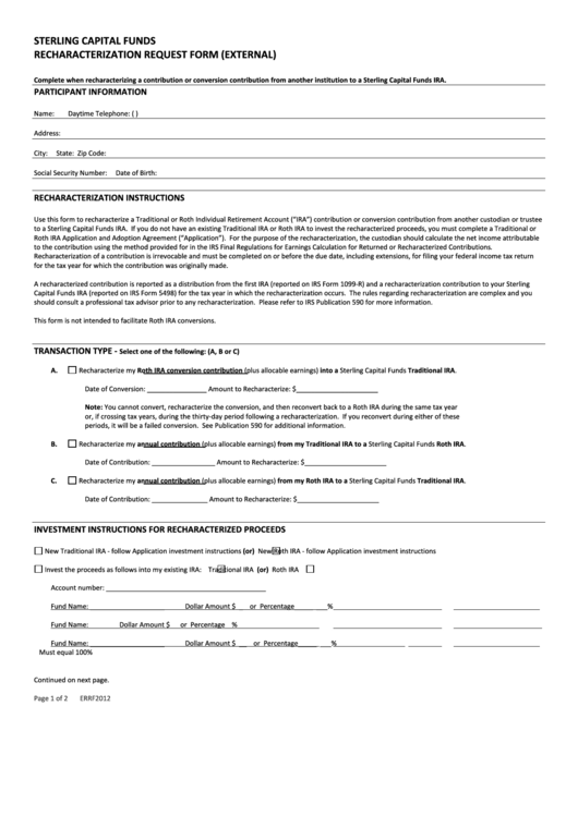 Ira Recharacterization Form (External) Printable pdf