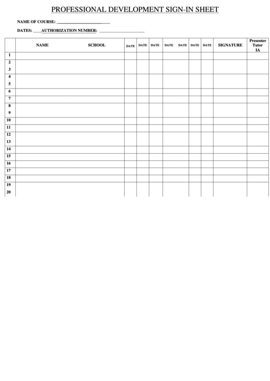 Staff Development Course Sign-In Sheet Template Printable pdf