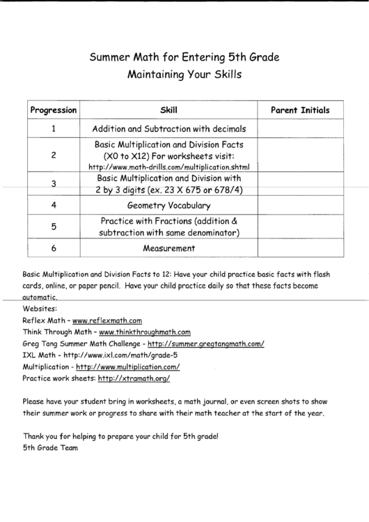 Summer Math For Entering 5th Grade - Maintaining Your Skills Printable pdf
