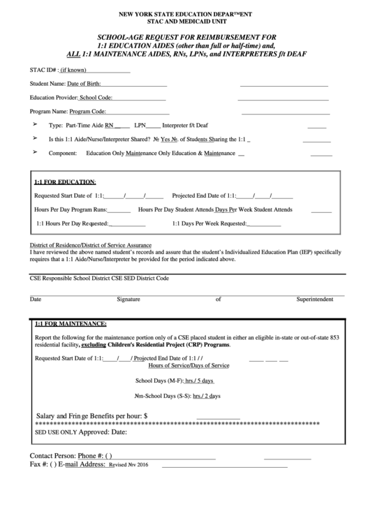 School-Age Request For Reimbursement For Full-Time 1:1 Aides, Part-Time/shared 1:1 Aides And 1:1 Rn, 1:1 Lpn, 1:1 Interpreters F/t Deaf Printable pdf