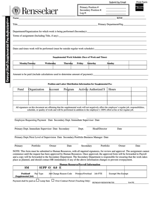 Fillable Exempt Staff Supplemental Pay Authorization Form Printable pdf