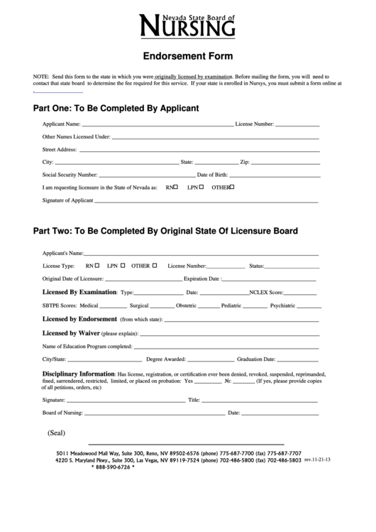 Endorsement Form - Nevada State Board Of Nursing Printable pdf