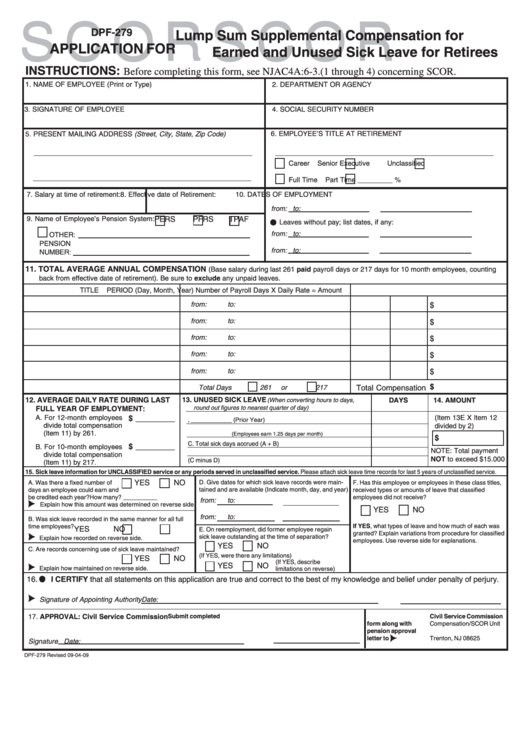 Fillable Form Dpf-279 - Application For Lump Sum Supplemental Compensation For Earned And Unused Sick Leave For Retirees - Civil Service Commission Printable pdf