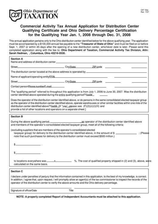 Commercial Activity Tax Annual Application For Distribution Center Qualifying Certificate And Ohio Delivery Percentage Certification For The Qualifying Year Jan. 1, 2008 Through Dec. 31, 2008 - Ohio Department Of Taxation Printable pdf