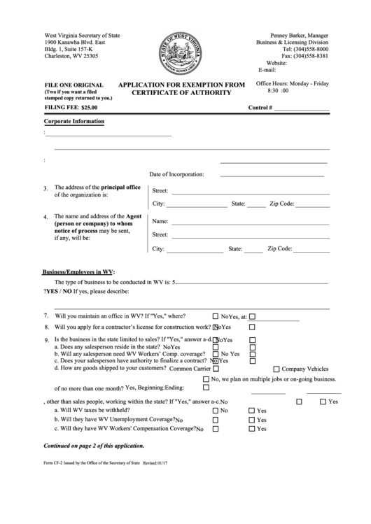 Fillable Form Cf-2 - Application For Exemption From Certificate Of Authority - 2017 Printable pdf